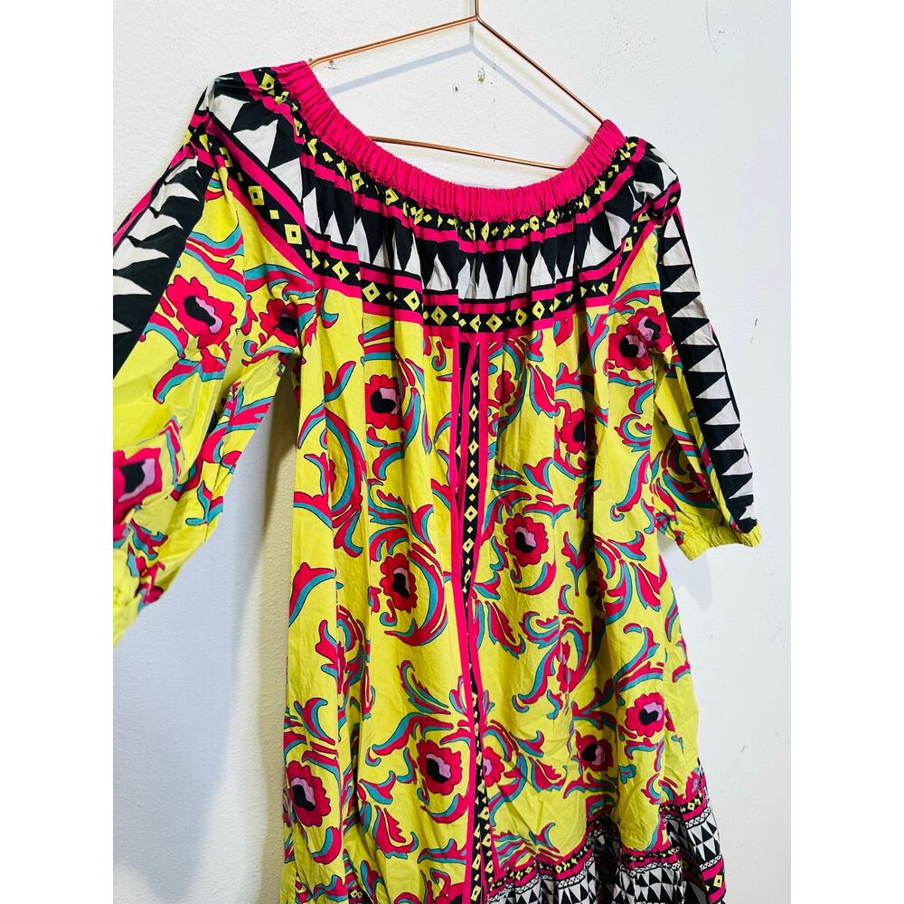 LA DOUBLEJ Yellow Paisley Mod Geo Print Three Quarter Sleeve Off Shoulder Dress - Picture 7 of 16